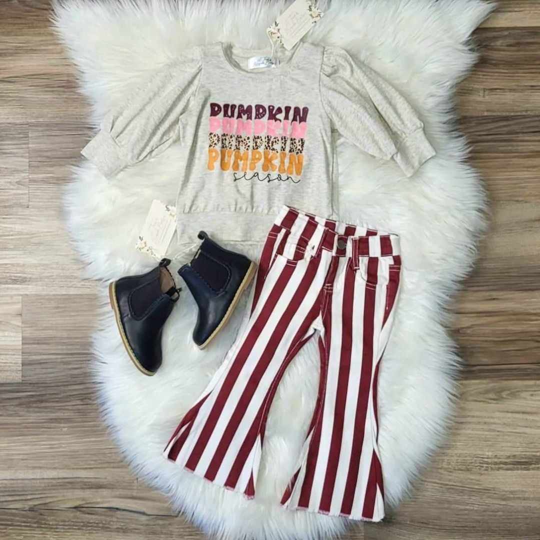 Pumpkin Season Top and Striped Denim Flare Jeans Set  A Touch of Magnolia Boutique   