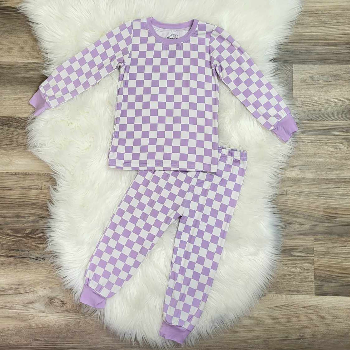 Bamboo Two-Piece Pajama Set-Light Purple Checkered Print A Touch of Magnolia Boutique