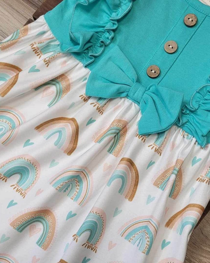 Aqua Mint Rainbow Flutter Sleeve Dress  A Touch of Magnolia Boutique   