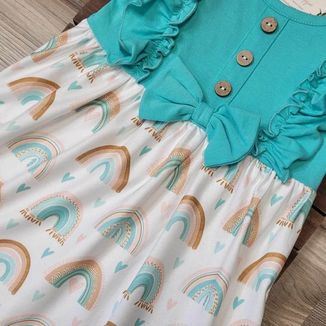 Aqua Mint Rainbow Flutter Sleeve Dress  A Touch of Magnolia Boutique   