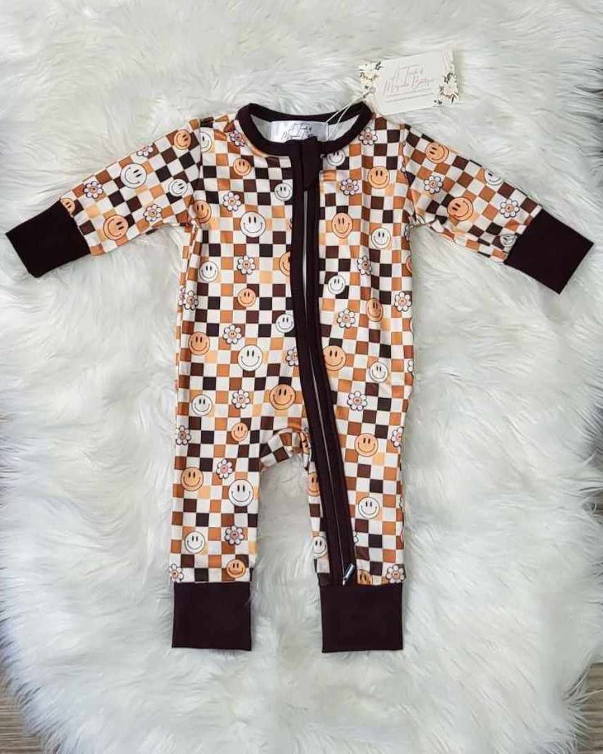 Baby Girl Zipper Brown Checkered Smiley Footless Romper  A Touch of Magnolia Boutique   