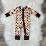 Baby Girl Zipper Brown Checkered Smiley Footless Romper