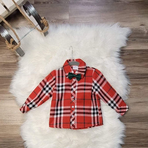 Boys boutique red plaid holiday top.  Button front closure, with a removable green bowtie.
