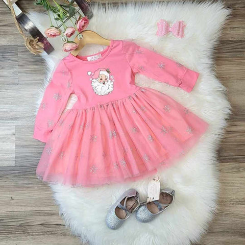 Girls boutique pink vintage Santa dress with snowflake tulle overlay on sleeves and tulle skirt.  Paired with our silver glitter ballet flat dress shoes.