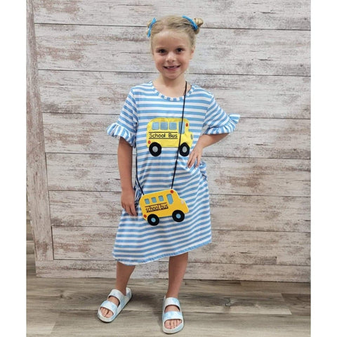 Girls boutique blue and white striped ruffle sleeve school bus dress and purse set.