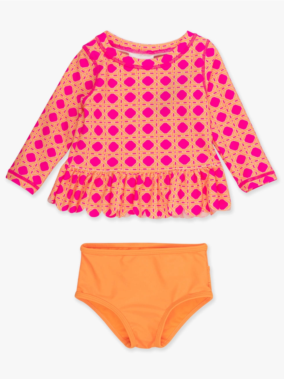 Girls Neon Sherbet Cane Scallop Hem Long Sleeve Rash Guard 2-Piece Swimsuit with Signature Rear Ruffles A Touch of Magnolia Boutique