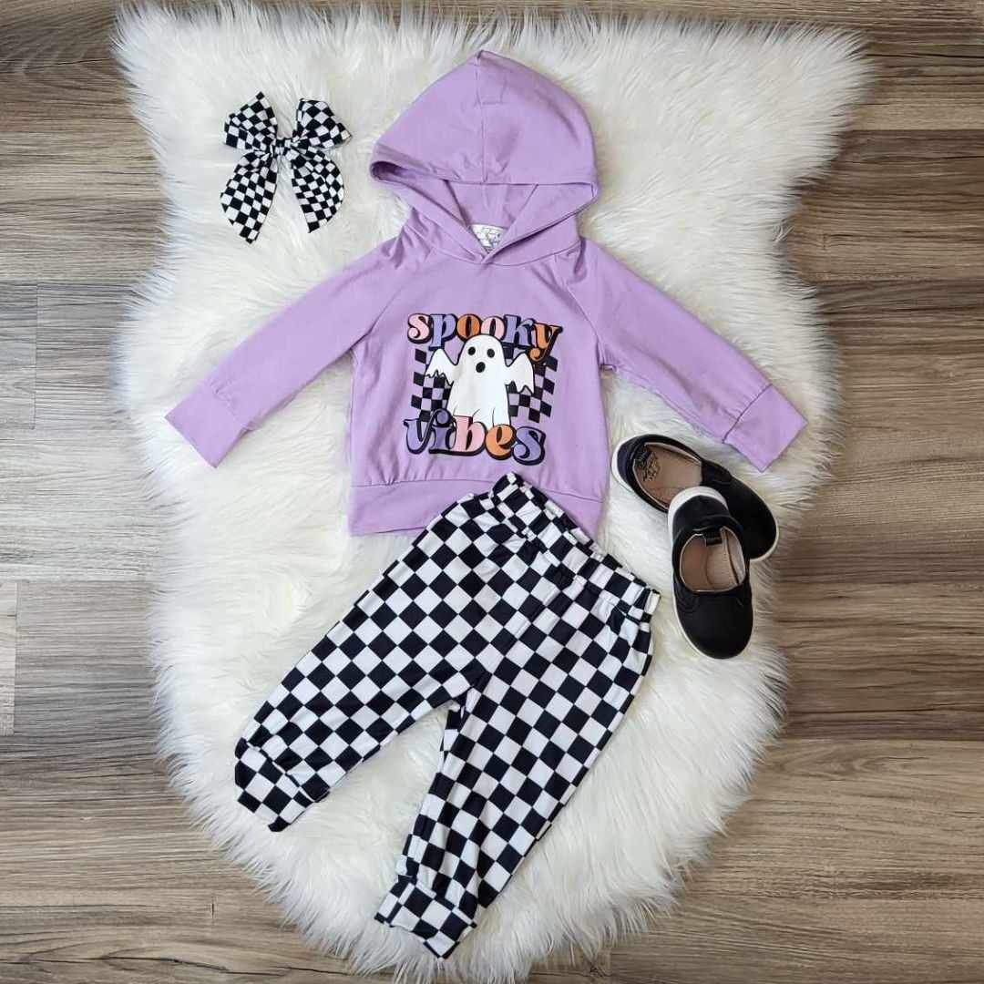 Spooky Vibes Purple Hooded Top with Black and White Checkered Joggers  A Touch of Magnolia Boutique   