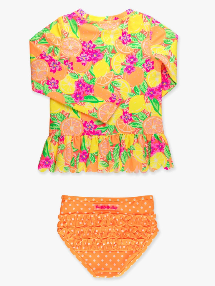 Neon Squeeze the Day Long Sleeve Rash Guard 2-Piece Swimsuit with Signature Rear Ruffles A Touch of Magnolia Boutique
