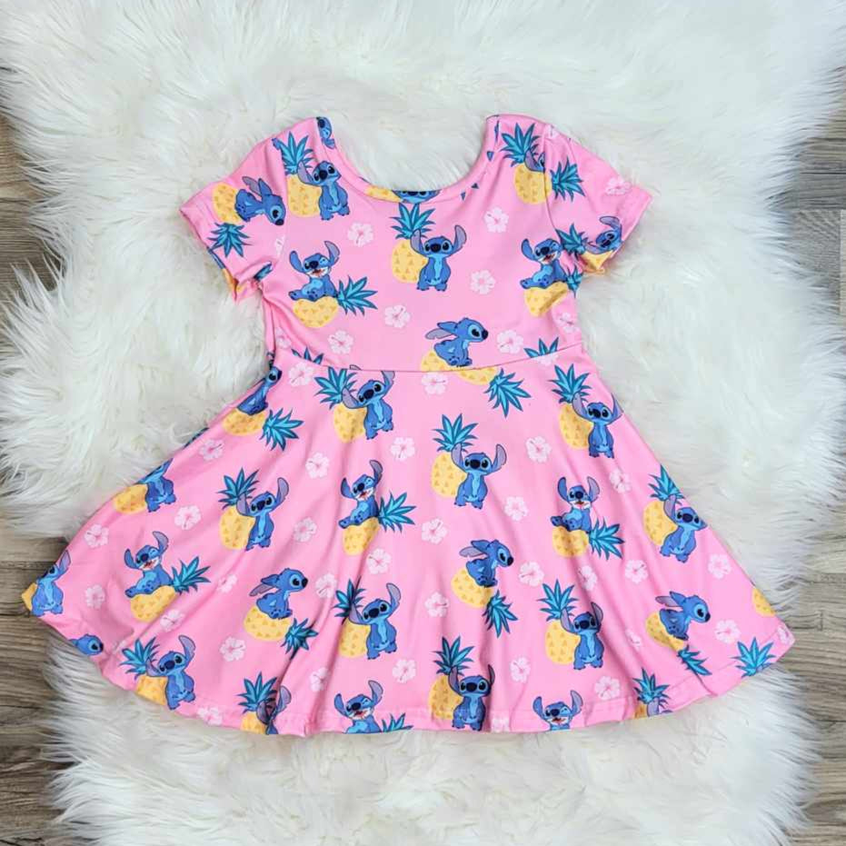 Blue Alien Pineapple Print Pink Twirl Dress A Touch of Magnolia Boutique