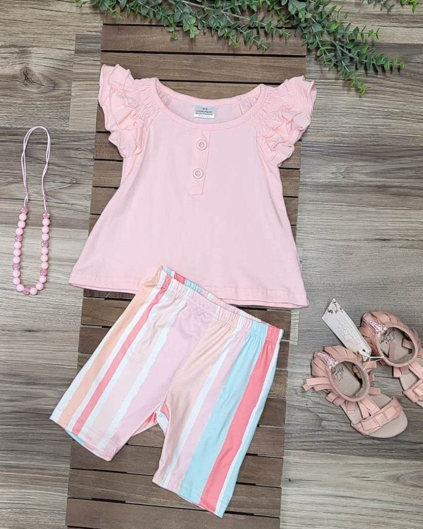 Striped Biker Shorts and Pink Flutter Sleeve Top Outfit  A Touch of Magnolia Boutique   