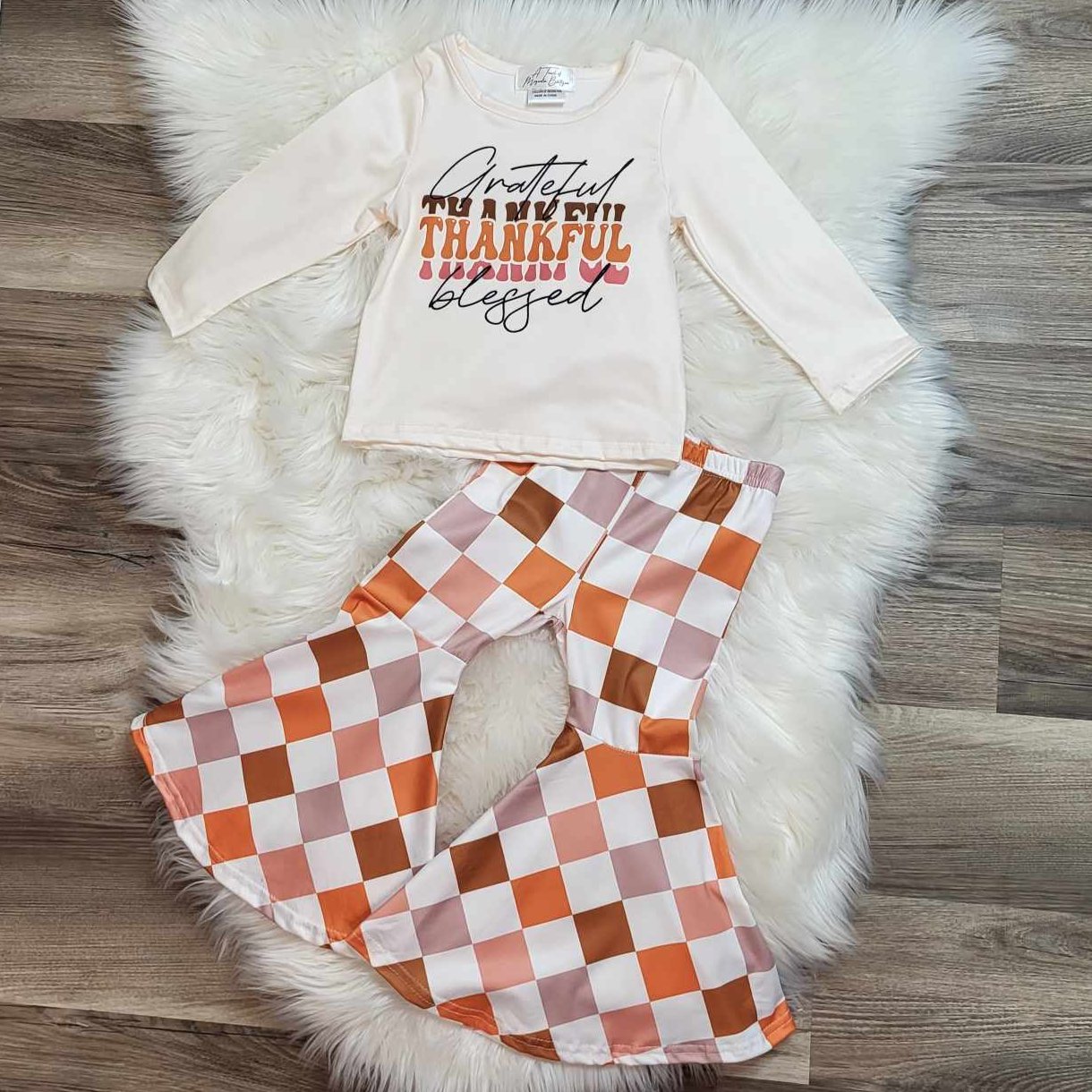 Grateful Thankful Blessed Checkered Bell Outfit Set  A Touch of Magnolia Boutique   