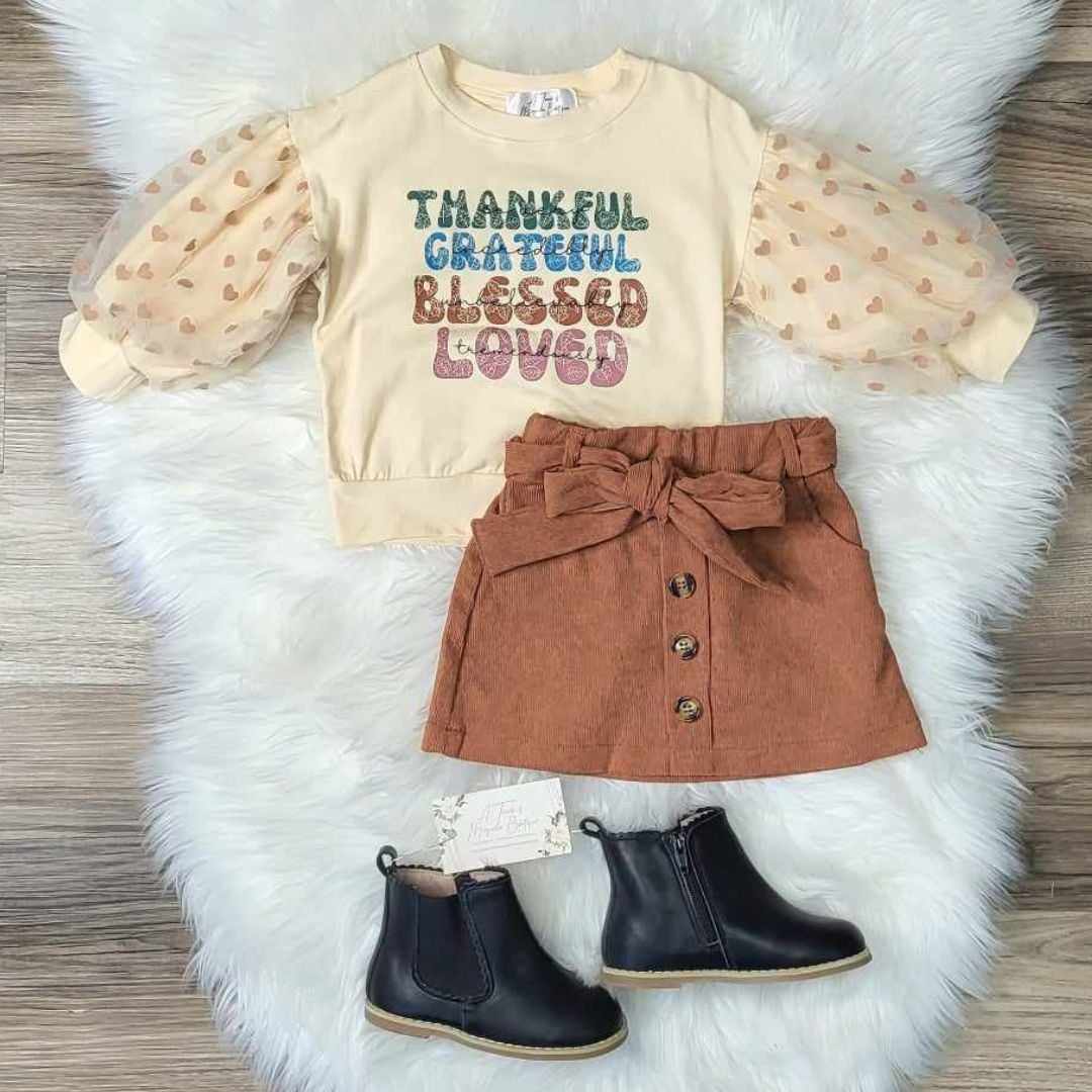 Thankful Grateful Blessed Loved Top and Corduroy Skirt Set  A Touch of Magnolia Boutique   