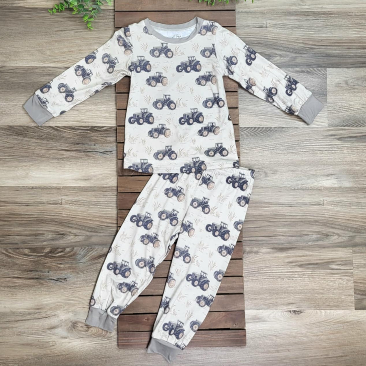Bamboo Tractor Print Two-Piece Pajama Set A Touch of Magnolia Boutique
