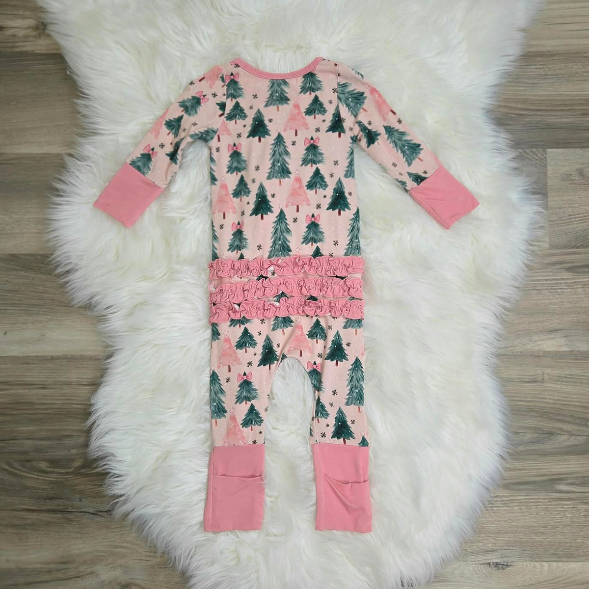 Bamboo Pink Christmas Tree Ruffle Baby Zipper Romper & Sleeper A Touch of Magnolia Boutique