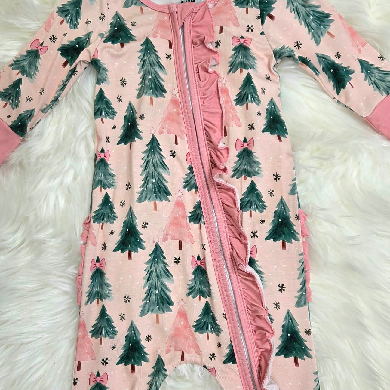 Bamboo Pink Christmas Tree Ruffle Baby Zipper Romper & Sleeper A Touch of Magnolia Boutique