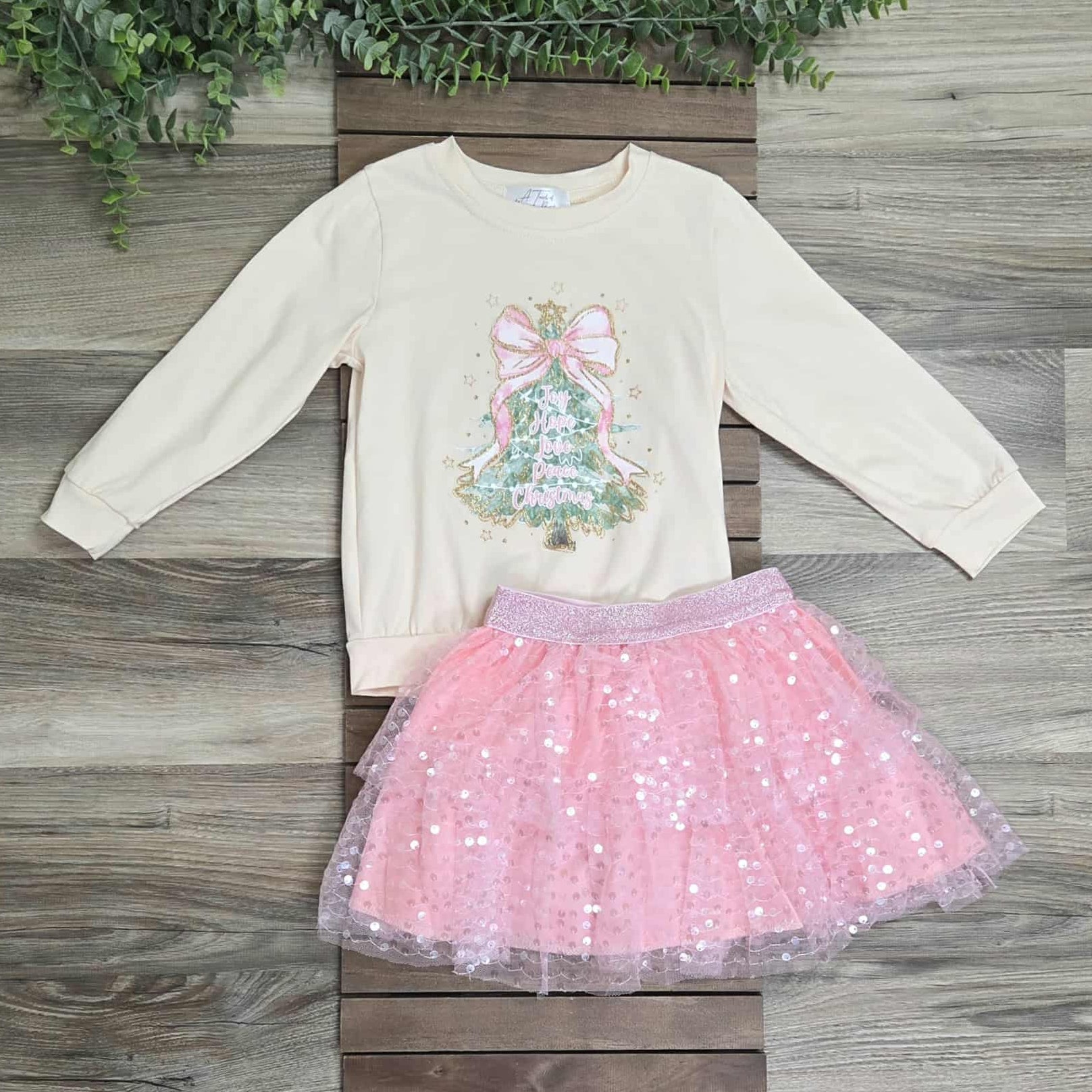 Christmas Tree Top and Pink Sequin Tiered Tulle Skirt Outfit Set A Touch of Magnolia Boutique