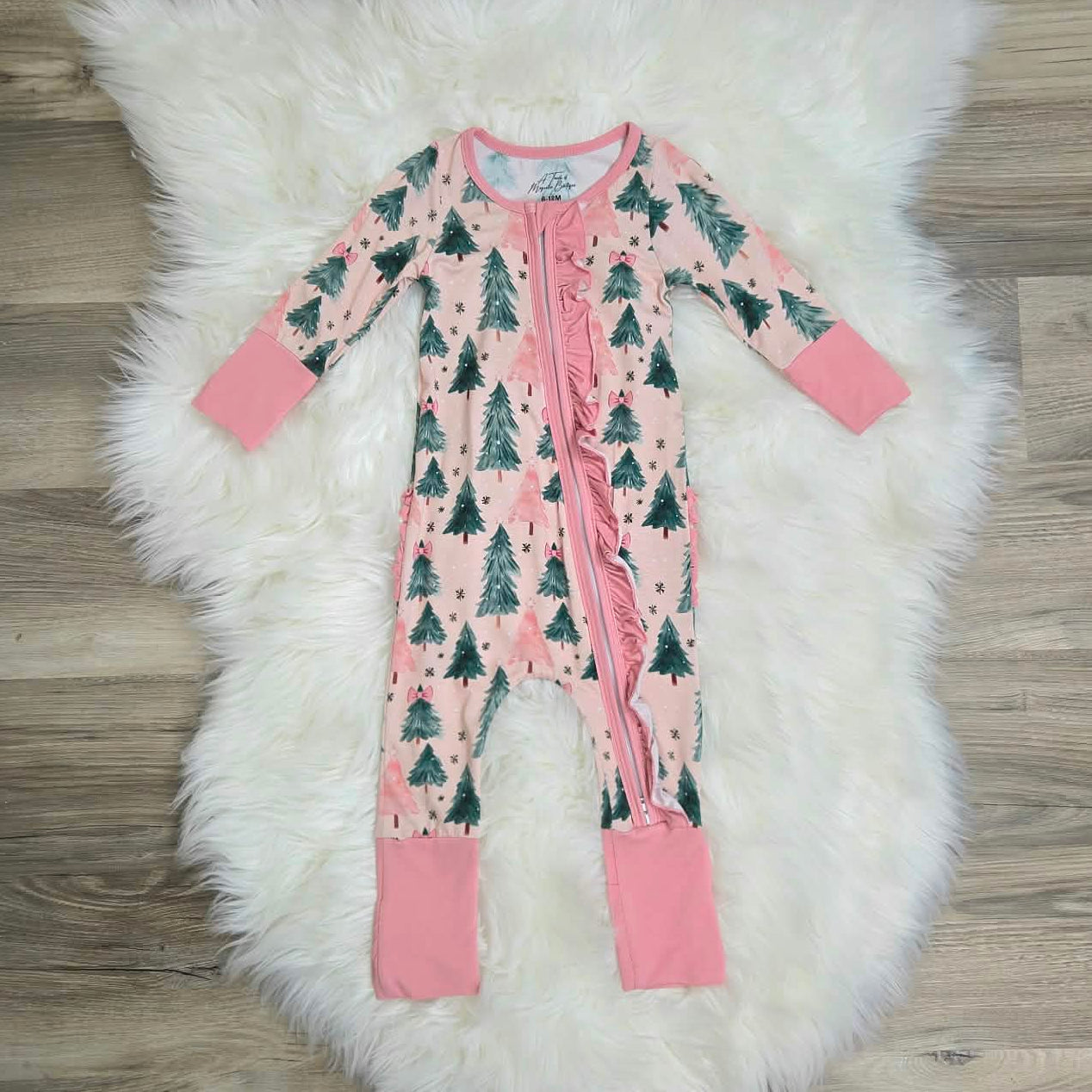 Bamboo Pink Christmas Tree Ruffle Baby Zipper Romper & Sleeper A Touch of Magnolia Boutique