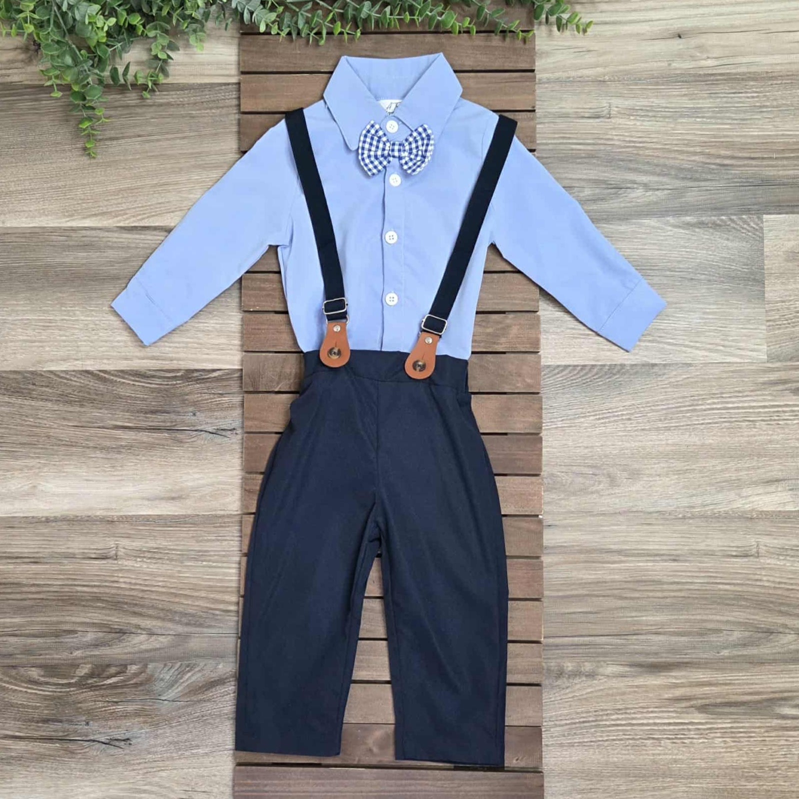 Blue Long Sleeve Bow Tie Shirt and Navy Pants Suspender Set-Baby and Toddler Boys A Touch of Magnolia Boutique