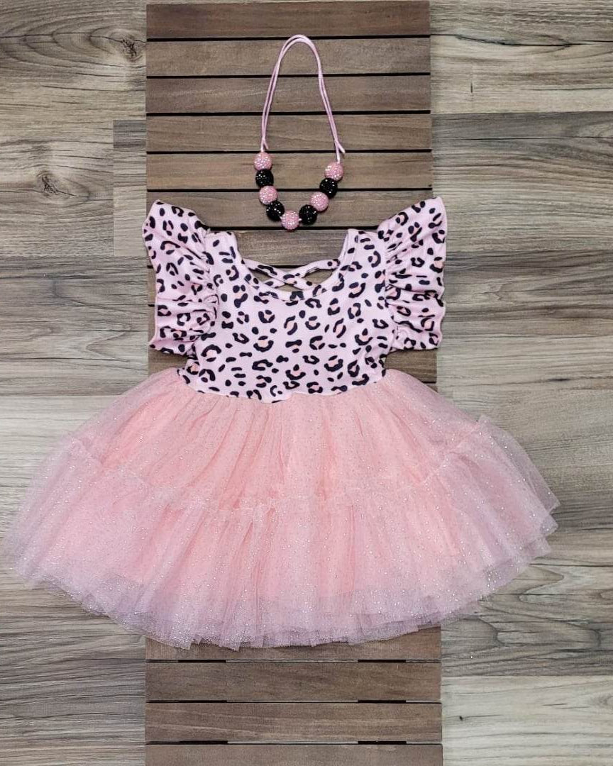 Pink Leopard Flutter Sleeve Sparkling Tulle Dress  A Touch of Magnolia Boutique   