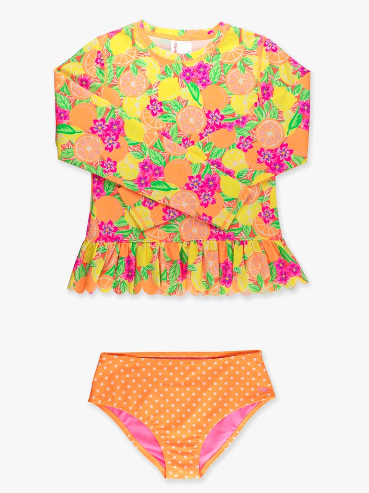 Tween Girls Neon Squeeze the Day Scallop Hem Long Sleeve Rash Guard 2-Piece Swimsuit A Touch of Magnolia Boutique