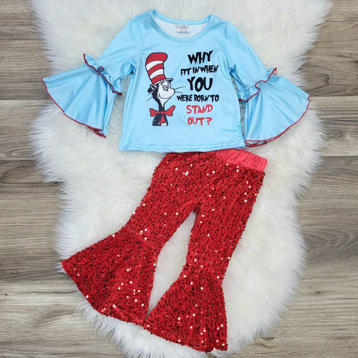 Why Fit In When You Were Born Stand Out Top and Red Velvet Sequin Bell Pants Outfit A Touch of Magnolia Boutique