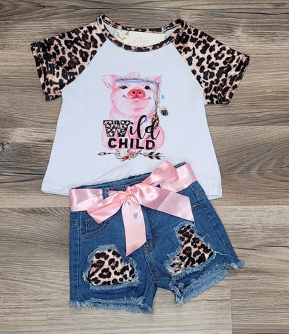 Wild child denim leopard patched shorts with pig on top set.