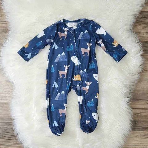 Baby boy zipper romper.  Navy blue with mountains, deer, fox and bears.