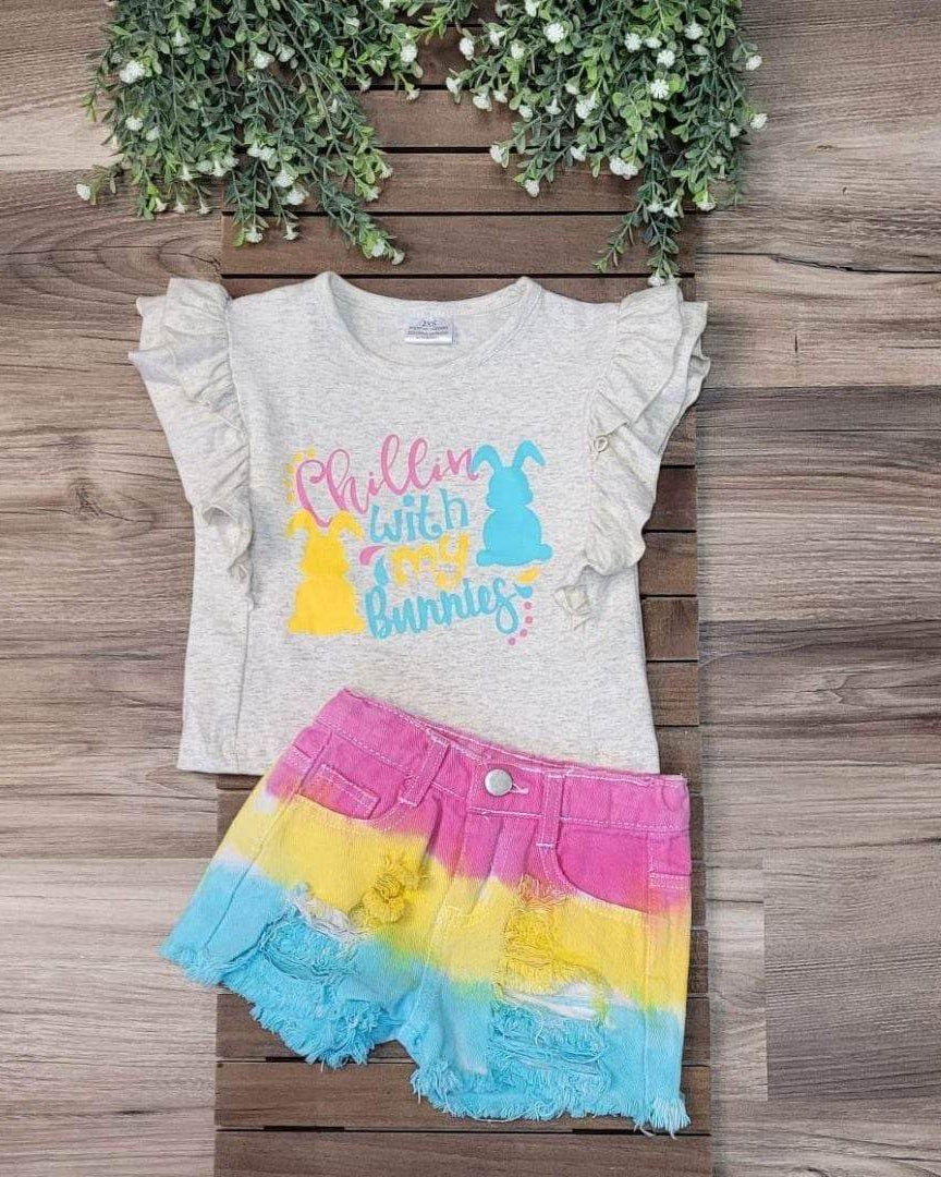 Chillin With My Bunnies Tie Dye Distressed Shorts Set  A Touch of Magnolia Boutique   