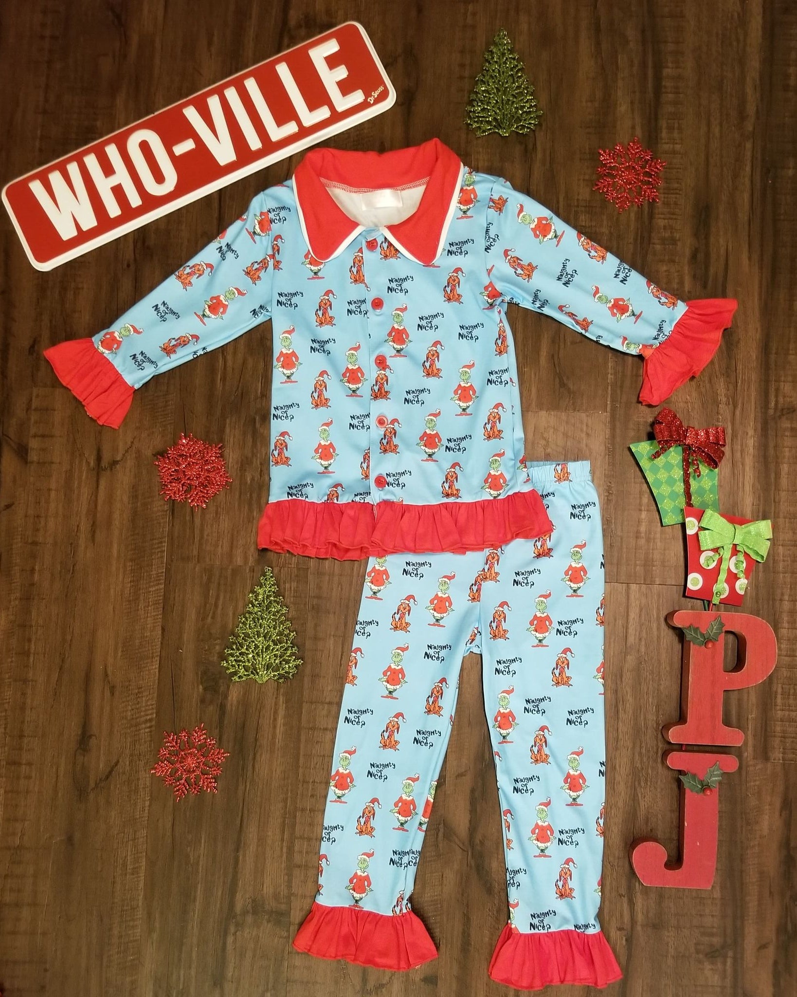 Grinch Inspired Girls Ruffle Pajamas  A Touch of Magnolia Boutique   