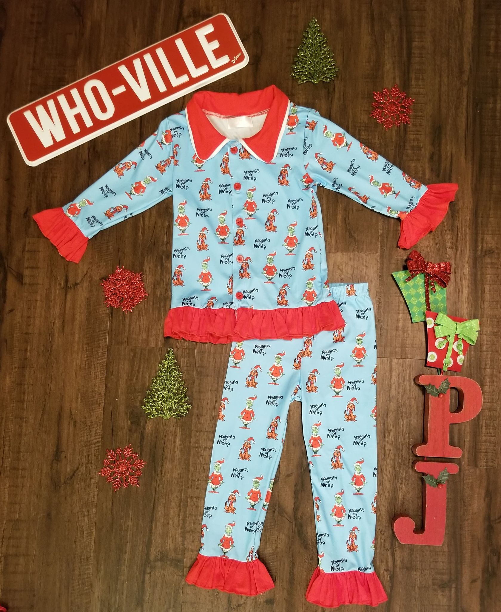 Grinch Inspired Girls Ruffle Pajamas  A Touch of Magnolia Boutique   