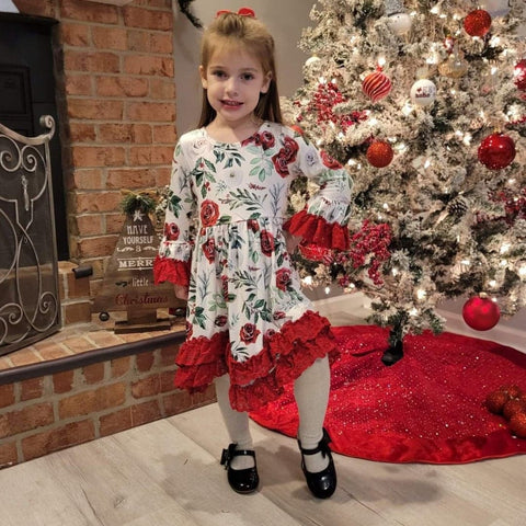 Girls boutique holiday dress.  Christmas holly floral pattern with cherry red lace trim.