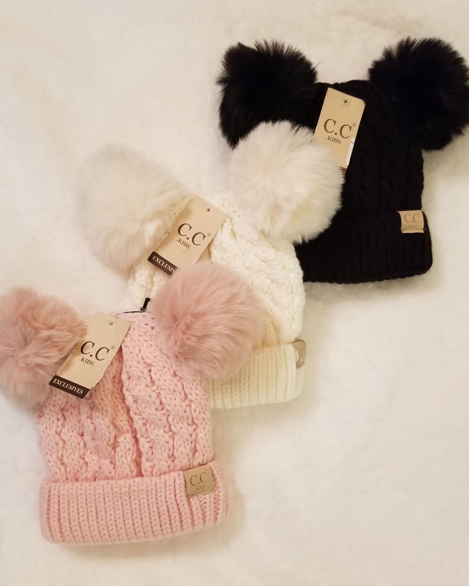 Kids Cable Knit Double Matching Fur Pom CC Hat  A Touch of Magnolia Boutique   