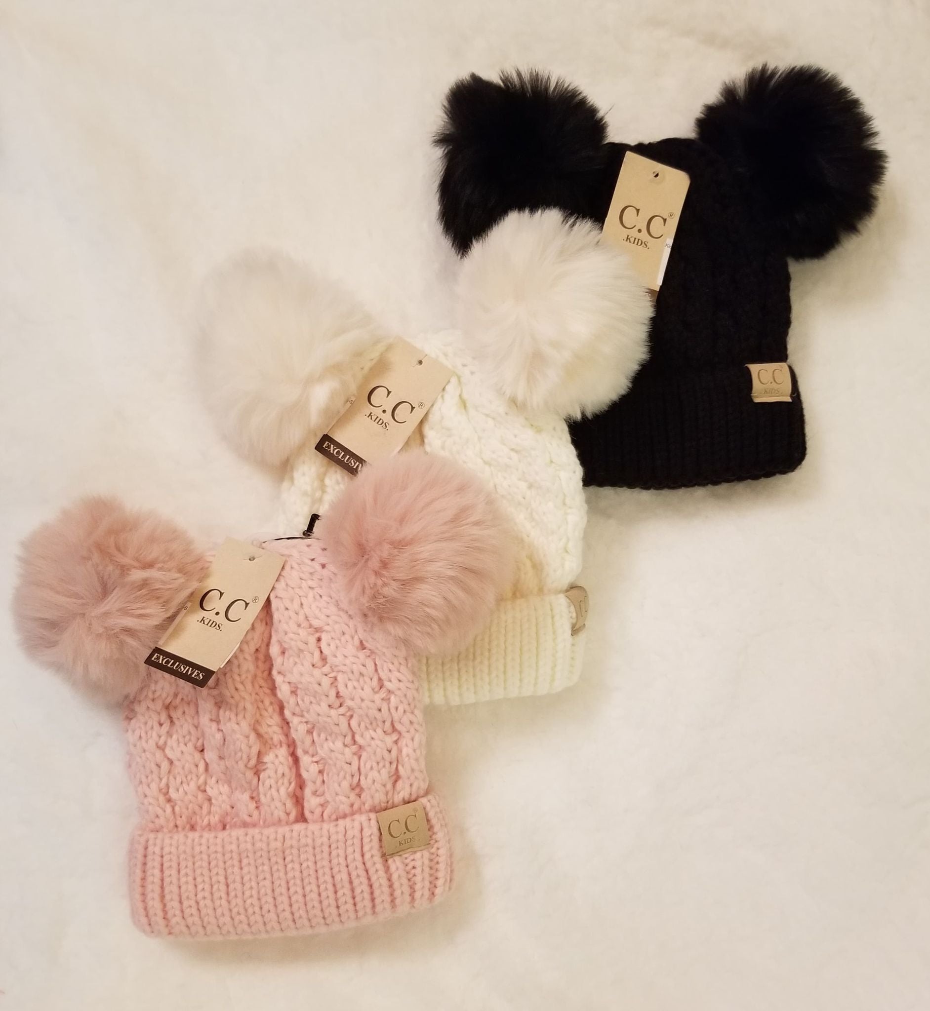 Kids Cable Knit Double Matching Fur Pom CC Hat  A Touch of Magnolia Boutique   