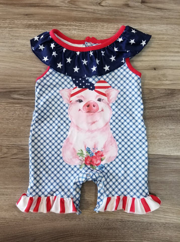 Baby girl romper with patriotic pig on front, and cute ruffle detail of stars and stripes.