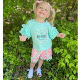 Girls boutique clothing set.  Pink daisy printed shorts and mint green "Be Kind" top.