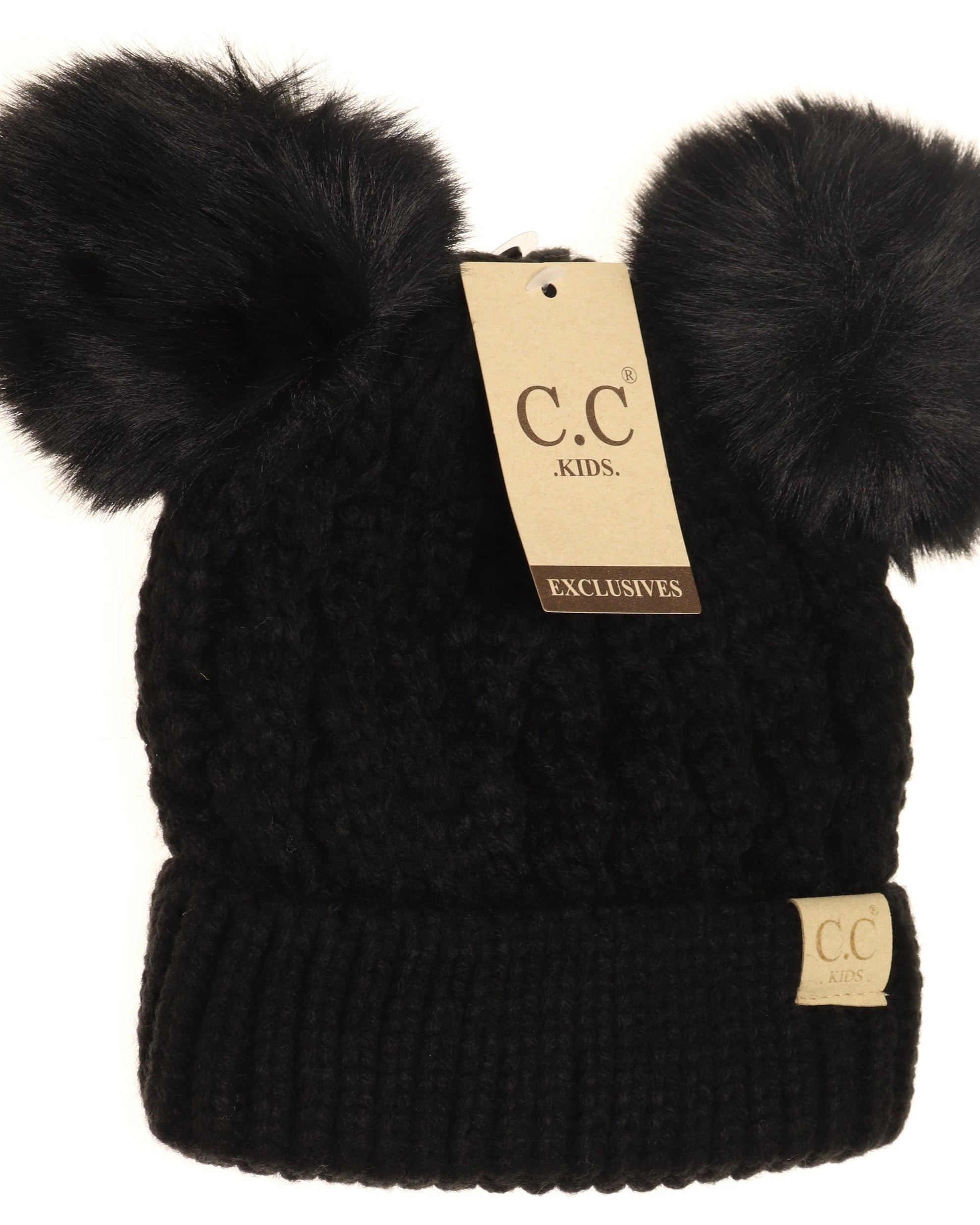 Kids Cable Knit Double Matching Fur Pom CC Hat  A Touch of Magnolia Boutique Black  