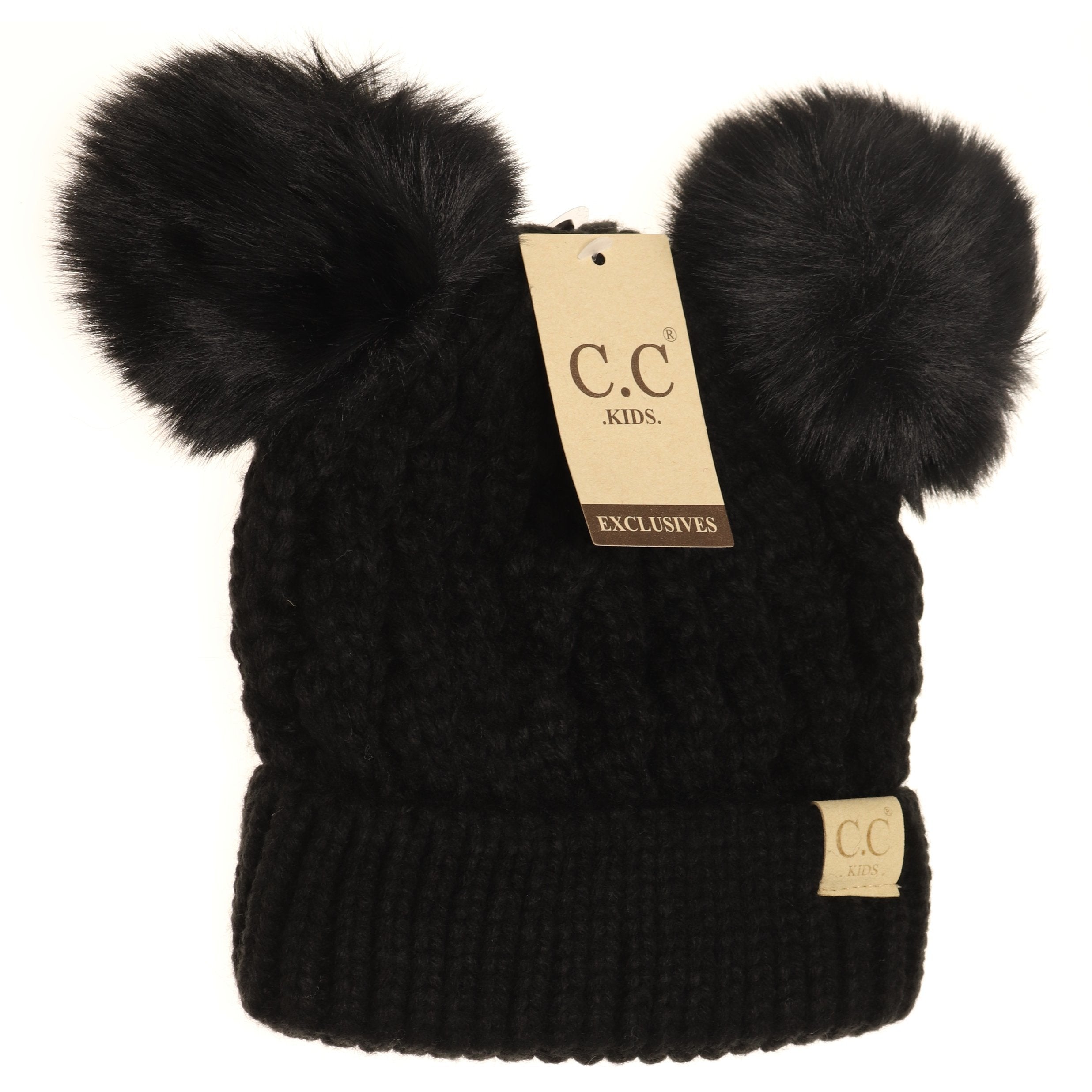 Kids Cable Knit Double Matching Fur Pom CC Hat  A Touch of Magnolia Boutique Black  