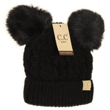 Kids Cable Knit Double Matching Fur Pom CC Hat