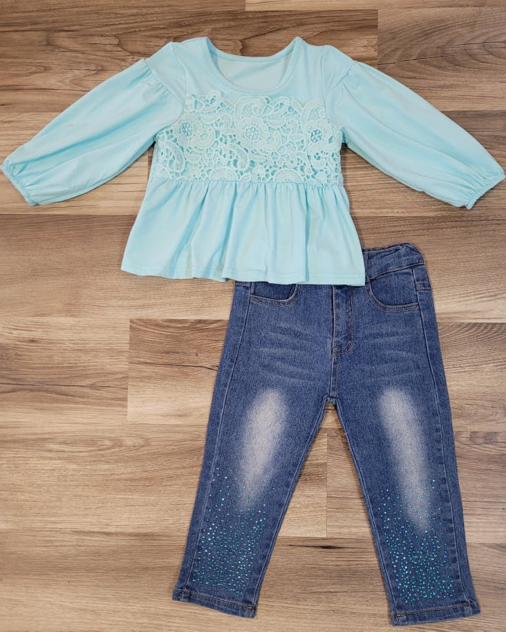 Blue Bubble Sleeve Top with Rhinestone Denim Set  A Touch of Magnolia Boutique   