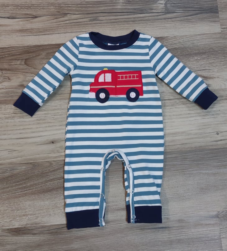 Baby Boy Blue Striped Firetruck Romper  A Touch of Magnolia Boutique   