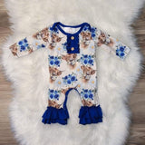 Blue Floral Highland Cow Ruffle Romper