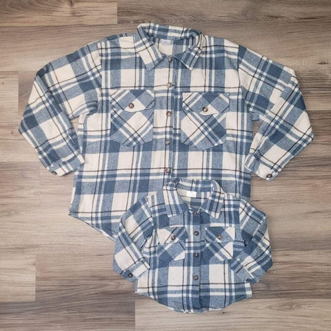 Girls boutique blue plaid button up flannel top "shacket" in mom and me matching.
