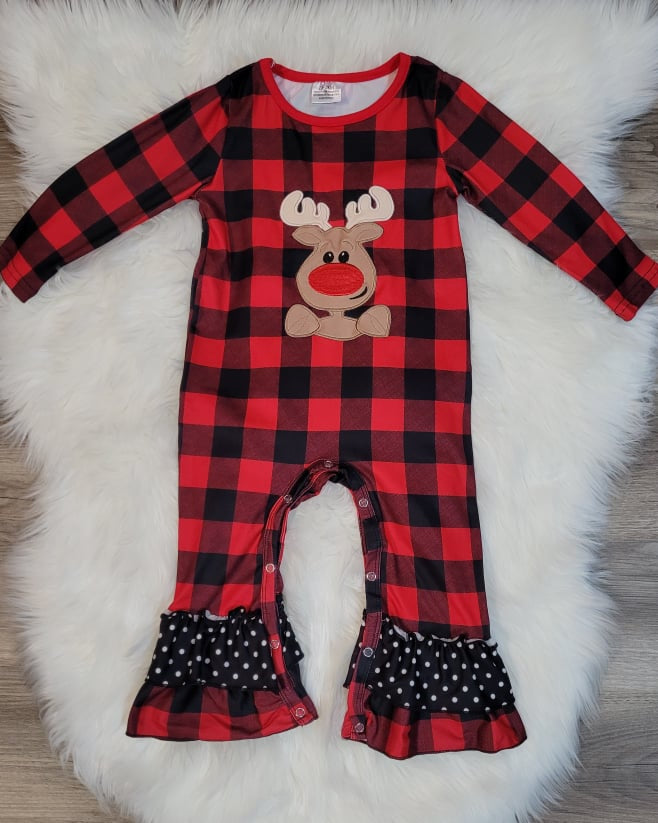 Buffalo Plaid Reindeer Romper  A Touch of Magnolia Boutique   