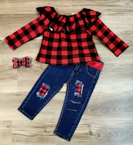 Girls boutique black and red buffalo plaid ruffle top and distressed denim jeans with buffalo plaid patches.