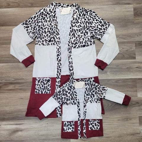 Mom and me matching leopard, white and burgundy color block cardigan with front pockets.  