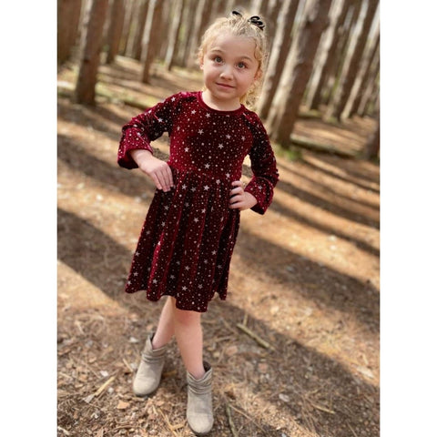 Girls boutique dress, burgundy velvet bell sleeve with sparkly silver star detail, perfect holiday dress.
