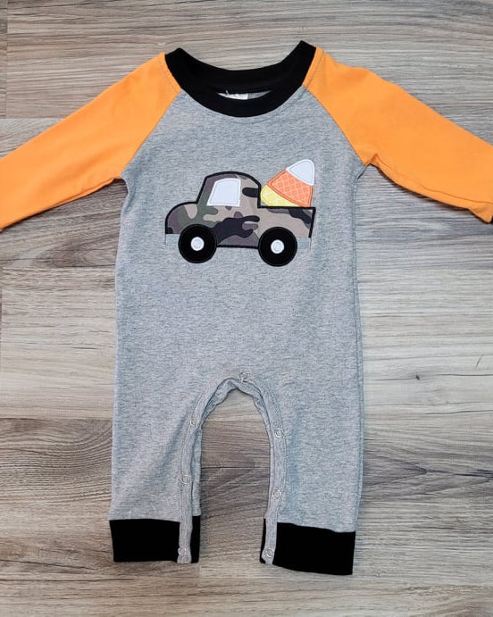 Baby Boy Camo Candy Corn Truck Romper  A Touch of Magnolia Boutique   