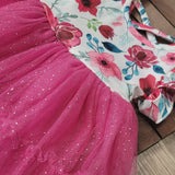 Fuchsia Pink Tulle Floral Flutter Sleeve Dress
