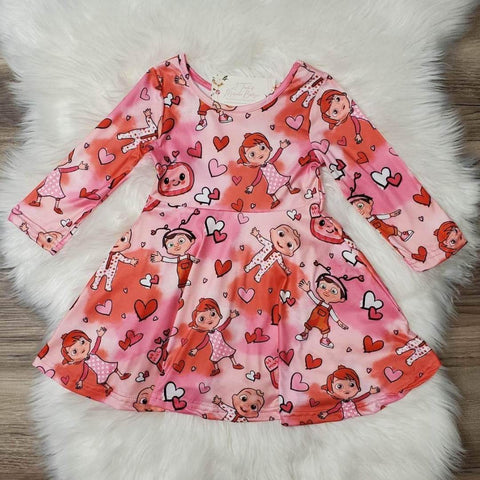 Children's boutique Valentine's Day themed Cocomelon inspired twirl dress with hearts.  