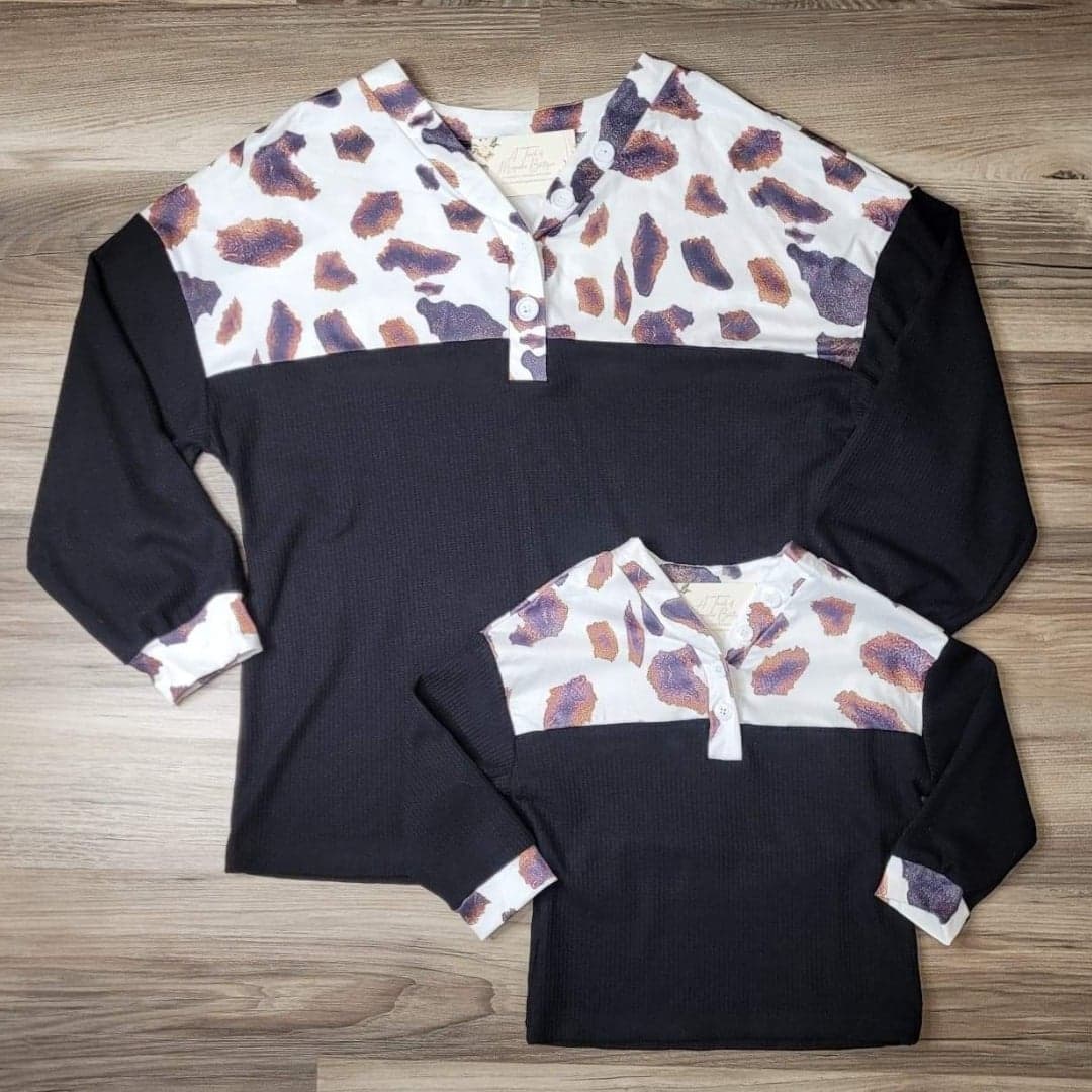 Mom & Me Brown Cow & Black Waffle V-Neck Top-Kids  A Touch of Magnolia Boutique   